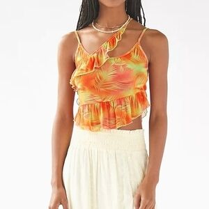 Urban Outfitters Asymmetrical Tropical Ruffle Cami in Orange and Green Sz Lg NWT
